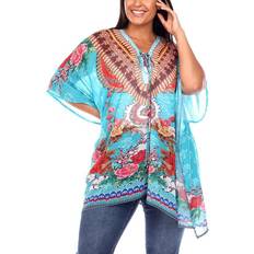 One Size Blouses White Mark Short Caftan with Tie-Up Neckline Plus Size - Aqua