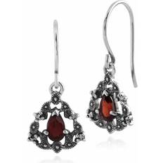Art Nouveau Style Pear Garnet & Marcasite Garland Drop Earrings in Silver