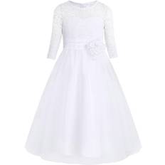 Long Sleeves Christening Wear Children's Clothing Girl's Christening Baptism Dress - White