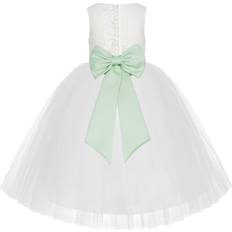 Girls - White Christening Wear Ekidsbridal Junior Floral Lace Flower Girl Christening Baptism Dress - Ivory/Apple Green