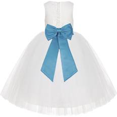 Girls - White Christening Wear Ekidsbridal Junior Floral Lace Flower Girl Christening Baptism Dress - Ivory/Turquoise