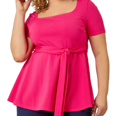 Roman Curve Stretch Belted Peplum Top - Pink