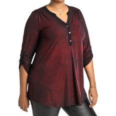 Roman Curve Glitter Stripe Button Detail Top - Red