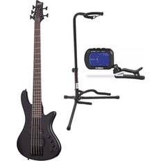 Bass guitar tuner Schecter Stiletto Stealth-5 Bass Guitar Satin Black with Tuner Bundle Black