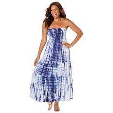 Swimsuits For All Plus Women's Strapless Smocked Maxi Dress Cover Up in Blue Tie Dye Size 22/24