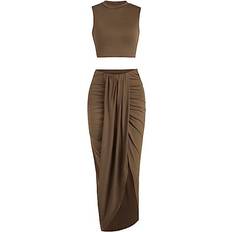 Brown - Women Jumpsuits & Overalls Zaful Marled Crop Top And Draped Ruched Maxi Skirt Set - Coffee