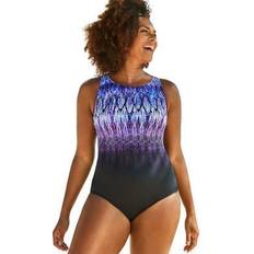 Purple Swimwear Swimsuits For All Plus Women's Chlorine Resistant High Neck One Piece in Purple Aztec Size 12