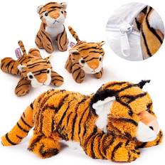 Soft Toys Prextex Plush Tiger with Zippered Pouch for Its 3 Little Plush Baby Tigers Plushlings Collection Soft Stuffed Animal Playset