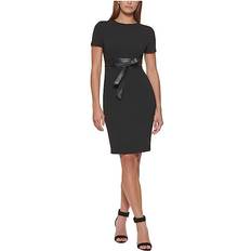 Leather - Women Dresses Calvin Klein Solid Faux-Leather Tie-Waist Sheath Dress Black Black