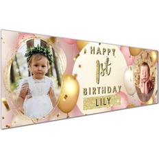 Garlands Happy Birthday Personalised Photo Banners Pink Gold 2x3ft