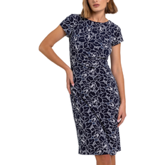 Roman Floral Print Stretch Ruched Dress - Navy/White