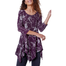 Round Shirts Roman Floral Print Hanky Hem Top - Plum Linear