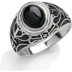 Silver Black Oval Onyx Carved Cabochon Signet Ring