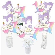 Purple Confetti Big Dot of Happiness 1st birthday rainbow unicorn centerpiece sticks table toppers set 15