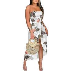 Umenlele Women's Strapless Ruched High Waist Long Dress - White Floral