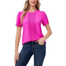 CeCe Women's Pin-Tucked Front Short Sleeve Crew Neck Blouse - Magenta Glow