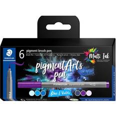 Staedtler Penselpenna pigment Arts, blå och violets" premium tecknad figur, penselspets för variabel linjebredd, vattentät, 6 penselpennor i olika färger i kartongfodral, 371 C6-2