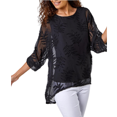 Roman Leaf Burnout Print Overlay Top - Black