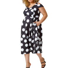 Roman Curve Premium Stretch Polka Dot Dress - Black