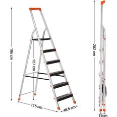 Songmics Stege 6 steg, aluminiumstege, 12 cm breda steg, trappstege, verktygslåda, fällbar stege, halkskydd, max. statisk belastning 150 kg,GLT06BK