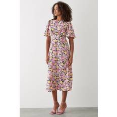 Dorothy Perkins Pink Floral Flutter Sleeve Shirred Waist Midi Dress