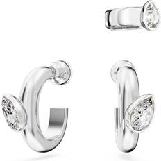 Swarovski Dextera hoop earrings with ear cuff, Set 3 Pear cut, White, Rhodium plated