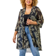 Roman Curve Spot Leaf Print Dipped Hem Kimono - Black