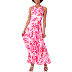 Long Dresses - Pink Roman Floral Pleated Halter Neck Maxi Dress - Pink