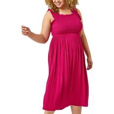 Roman Curve Sleeveless Shirred Midi Stretch Dress - Pink