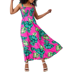 Long Dresses - Pink Roman Tropical Print Shirred Maxi Dress - Pink