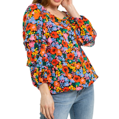 Balloon Sleeves Blouses Ditsy Floral Square Neck Top - Orange