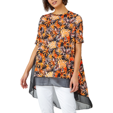 Roman Tropical Print Chiffon Hem Stretch Top - Orange