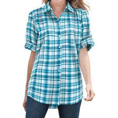 Turquoise - Women Shirts Woman Within Short Sleeve Button Down Seersucker Shirt - Deep Teal Camp Plaid