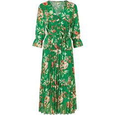 Yumi Floral Print Midi Wrap Dress with Pleated Skirt - Green