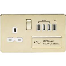 Knightsbridge Screwless 13A switched socket with quad USB charger 5.1A polished brass with white insert SFR7USB4PBW