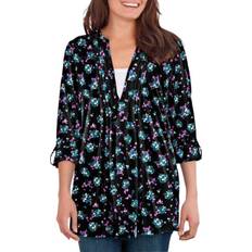 Florals - Women Sweaters Woman Within 7-Day Box-Stitched Split Neck Tunic - Black Ditsy Bouquet