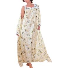 Women - Yellow Nightgowns Long 2-Piece Cabbage-Rose Peignoir Set - Yellow Floral