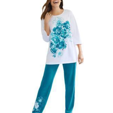 Turquoise - Women Sleepwear Woman Within Floral Tee and Pant Set - Deep Teal Floral Placement