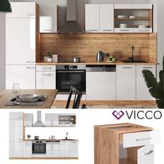 Muebles de Cocina VICCO Mueble de cocina R-Line, Blanco brillo intenso/roble dorado, 300 cm sin encimera