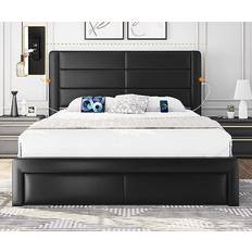 Built-in Storages - Queen Bed Frames Yaheetech Leather Upholstered Platform