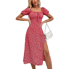 Shein Frenchy Ditsy Knot Front Split Thigh Dress - Red