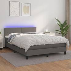 Duro Camas Continentales vidaXL Box Spring Colchón Y LED Cuero Sintético Gris 140x190 cm Cama Continental