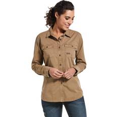 Brown - Women Polo Shirts Ariat Rebar Washed Twill Long-Sleeve Work Shirt for Ladies Khaki