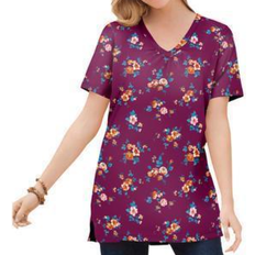 Woman Within Perfect Printed Short-Sleeve Shirred V-Neck Tunic Plus Size - Deep Claret Rose Ditsy Bouquet