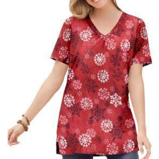 Woman Within Women Shirts Woman Within Perfect Printed Short-Sleeve Shirred V-Neck Tunic Plus Size - Classic Red Textured Snowflake