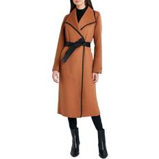 Leather Coats Tahari Women's Faux-Leather-Trim Belted Wrap Coat Caramel Caramel