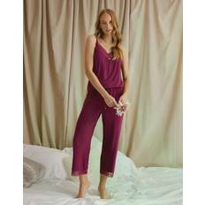 Red - Women Pyjamas Pretty You London Bamboo Lace Cami Cropped Trouser Pyjama Set in Bordeaux