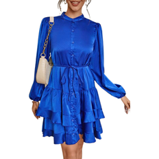 Shein Frenchy Lantern Sleeve Ruffle Hem Belted Dress - Blue