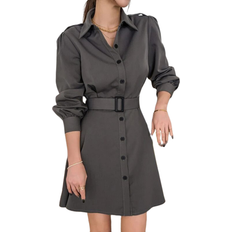 Shein Dazy Button Front Belted Shirt Dress - Dark Grey