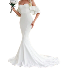 Shein Off Shoulder Ruffle Trim Floor Length Wedding Dress - White